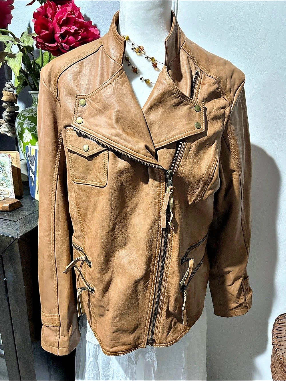 STS Ranchwear Women's Leather Moto Jacket Brown 2XL